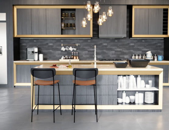 Rylie Stool - Padded Seat with Black Backrest - 65cm Kitchen Height - Grey Vegan Leather Seat
