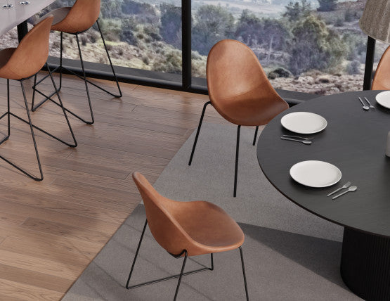 Pebble Stool Brown Upholstered Vintage Seat  - Bar Stool 75cm Seat - Black Base