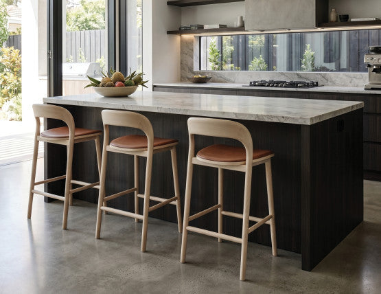 Mia Stool - Natural with Pad - 66cm Seat Height White Vegan Leather Seat Pad