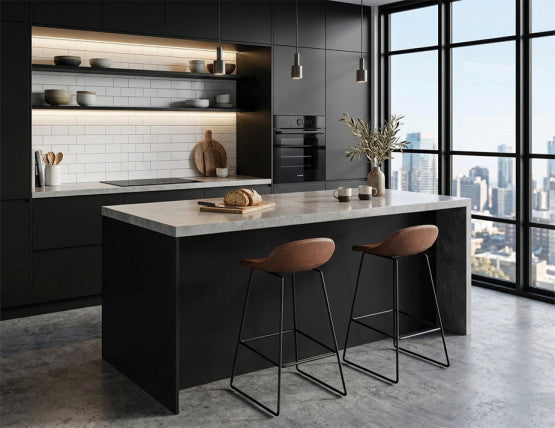 Pop Stool - Black Frame and Upholstered Vintage Tan Seat - 75cm Commercial Bar Height