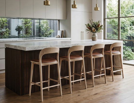 Mia Stool - Natural with Pad - 66cm Seat Height White Vegan Leather Seat Pad