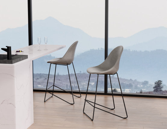 Pebble Stool Grey Upholstered Vintage Seat  - Counter Stool 65cm Seat - Black Base