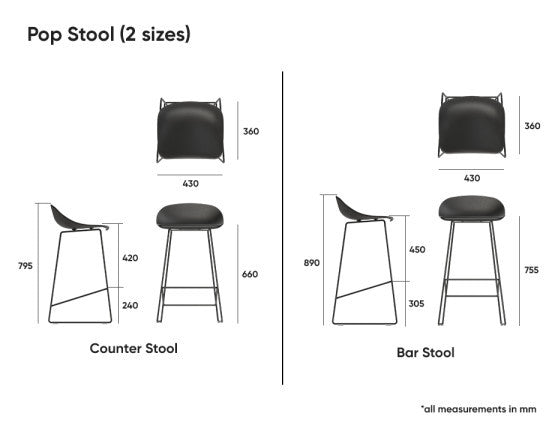 Pop Stool - Silver Grey Frame and Shell Seat  - 65cm Kitchen Bench Seat Height