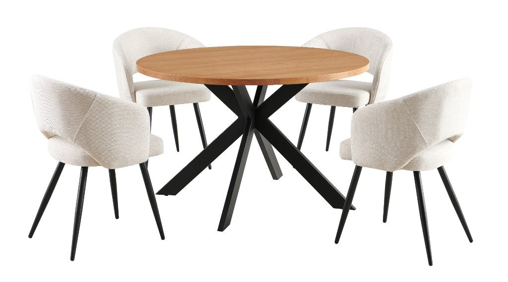 Tarian Round Oak Dining Set with 4 Beige Chairs