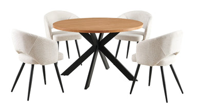 Tarian Round Oak Dining Set with 4 Beige Chairs