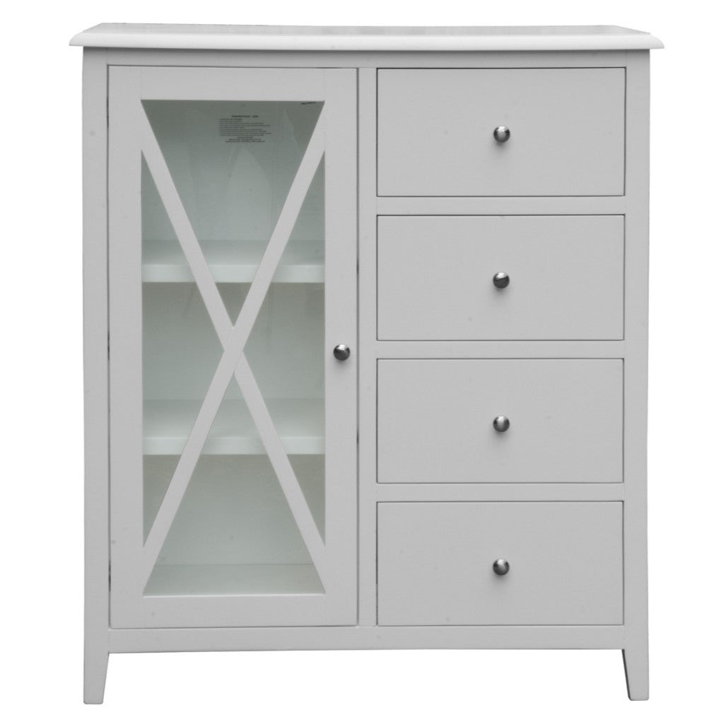 Hampton 4 Drawer Tallboy with Glass Door - White