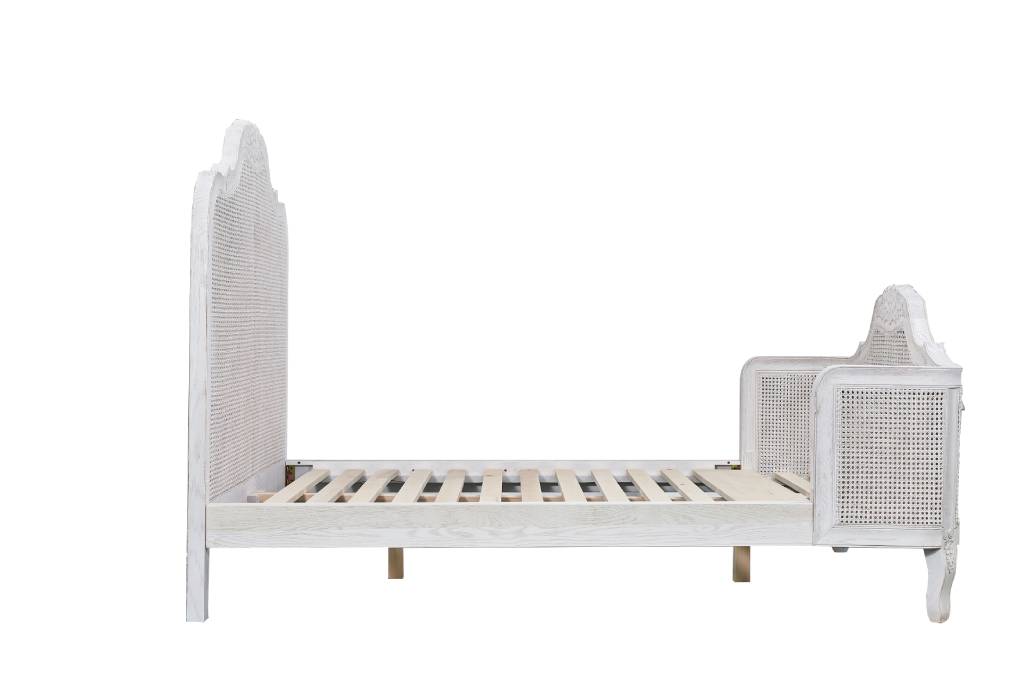 Versailles Carved Oak & Rattan Queen Bed - Antique White