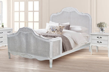 Versailles Carved Oak & Rattan Queen Bed - Antique White
