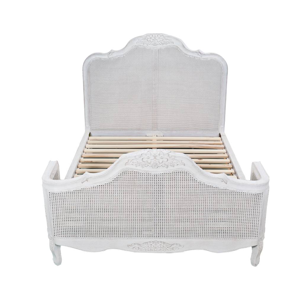 Versailles Carved Oak & Rattan Queen Bed - Antique White