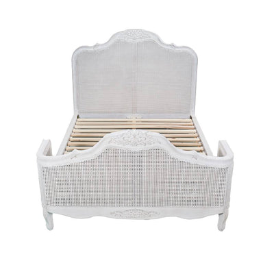 Versailles Carved Oak & Rattan Queen Bed - Antique White