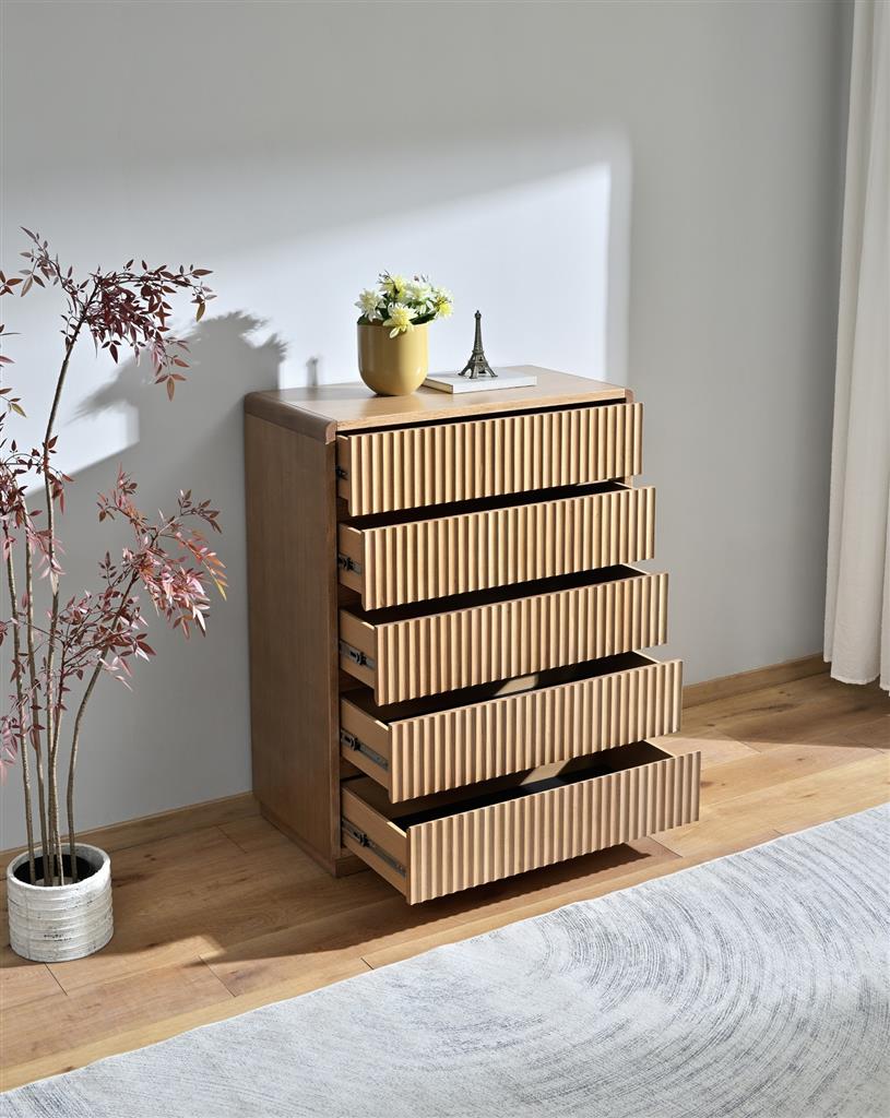 Belmont Fluted 5 Drawer Tallboy - Light Smoke