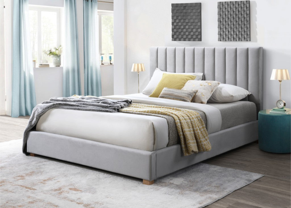 Mason Channelled Velvet Queen Bed - Light Grey