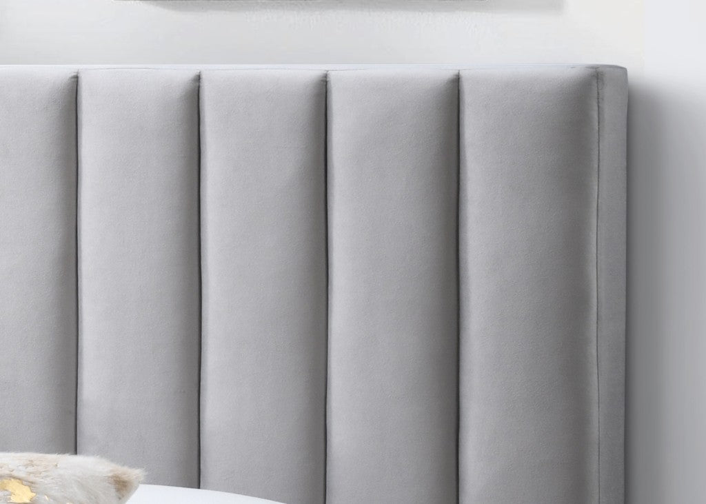 Mason Channelled Velvet Queen Bed - Light Grey
