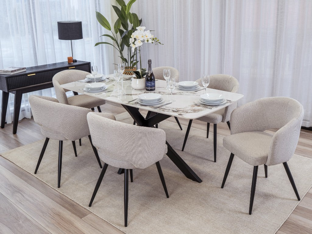 Calacatta 7 Piece Dining Set with Beige Chairs