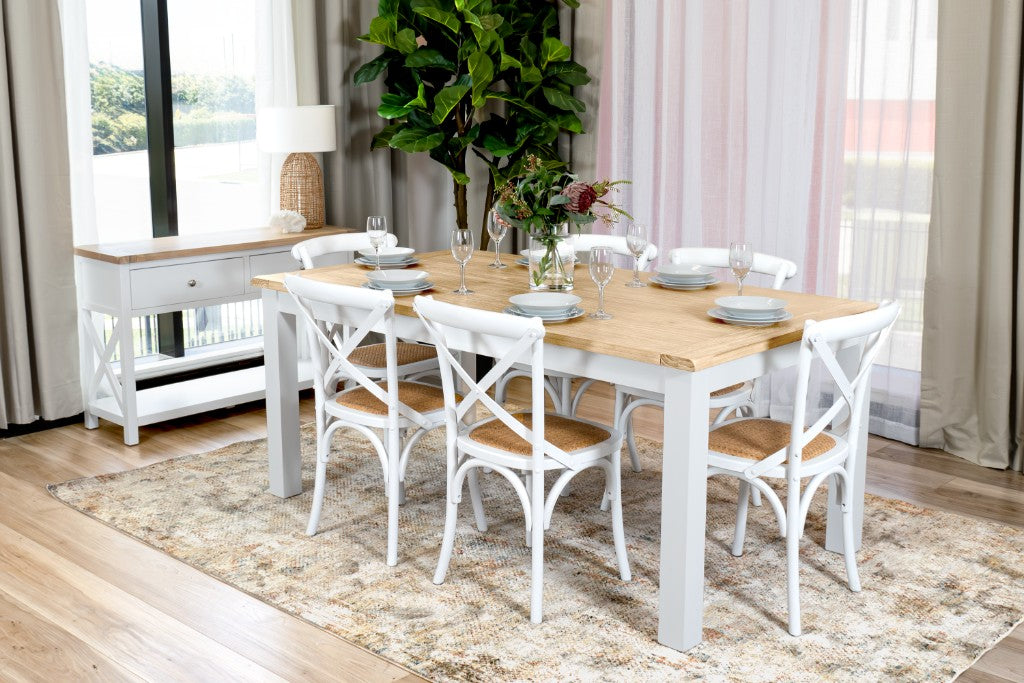 Driftwood Dining Table with 6 White Cafe Chairs