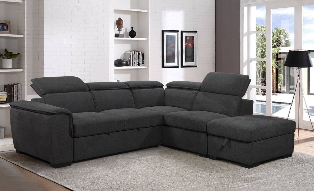 Pico Rivera Fabric Sofa Bed With Chaise - Dark Grey