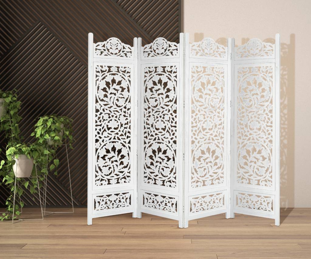 Room Divider Carved Screen - White Antique